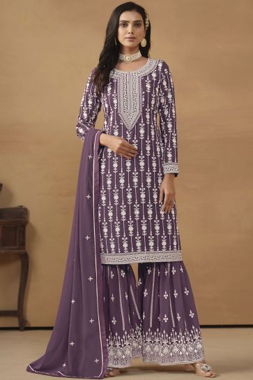 Georgette Fabric Purple Color Excellent Sangeet Wear Embroidered Palazzo Suit