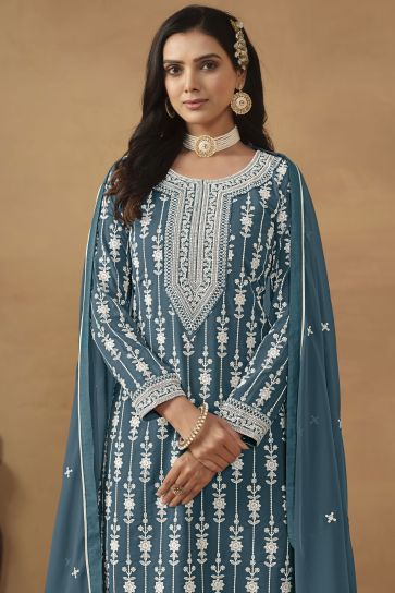 Sangeet Wear Glamorous Georgette Teal Color Embroidered Palazzo Suit