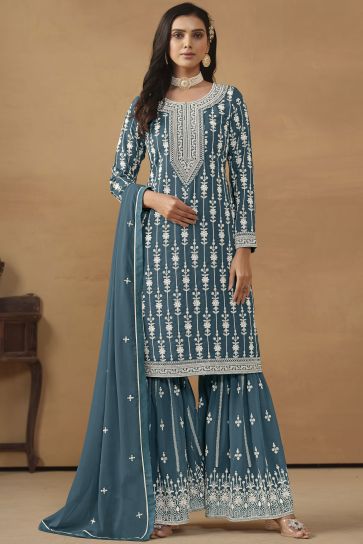 Sangeet Wear Glamorous Georgette Teal Color Embroidered Palazzo Suit