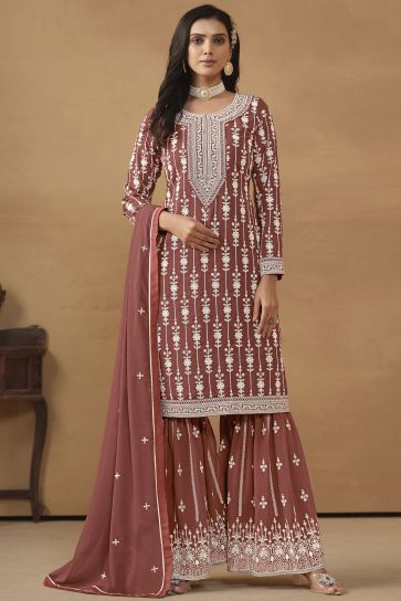 Fascinating Sangeet Wear Brown Color Georgette Embroidered Palazzo Suit