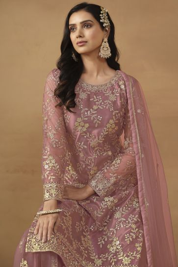 Net Fabric Pink Color Excellent Embroidered Palazzo Suit