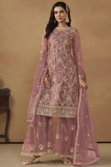 Net Fabric Pink Color Excellent Embroidered Palazzo Suit