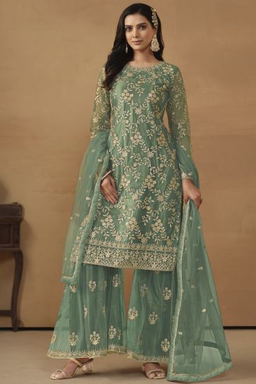 Sea Green Color Glittering Net Fabric Embroidered Palazzo Suit