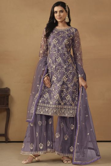 Glamorous Net Fabric Purple Color Embroidered Palazzo Suit