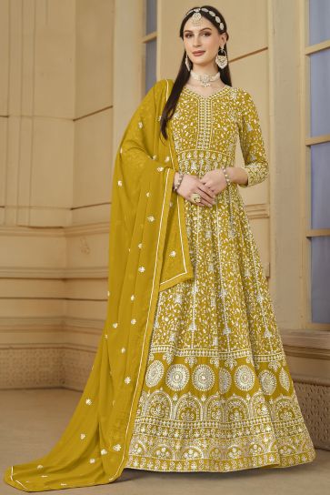 Function Wear Yellow Color Embroidered Anarkali Suit In Georgette Fabric