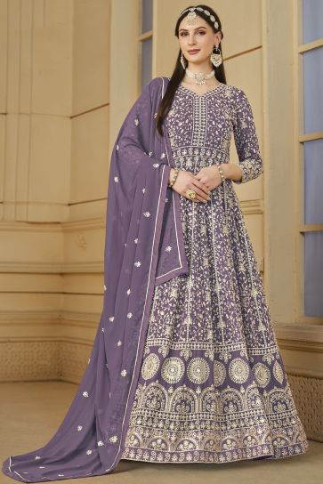 Embroidered Function Wear Anarkali Dress In Georgette Fabric Lavender Color