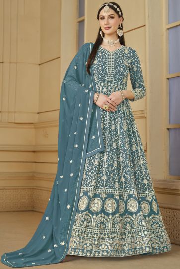 Teal Color Function Wear Embroidered Anarkali Salwar Kameez In Georgette Fabric