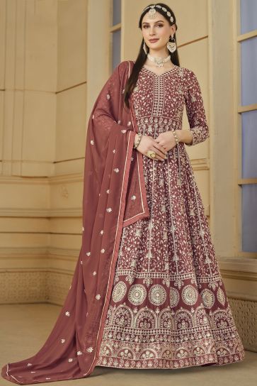 Rust Color Function Wear Embroidered Anarkali Salwar Suit In Georgette Fabric