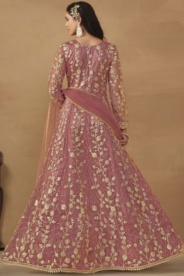 Net Fabric Function Wear Mesmeric Anarkali Suit In Pink Color