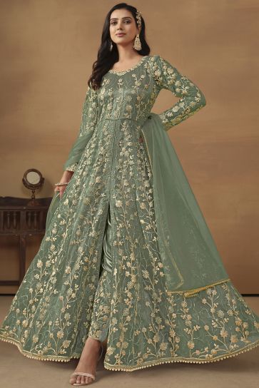 Net Fabric Function Wear Wondrous Anarkali Suit In Sea Green Color