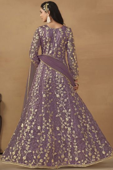 Net Fabric Function Wear Vintage Anarkali Suit In Lavender Color