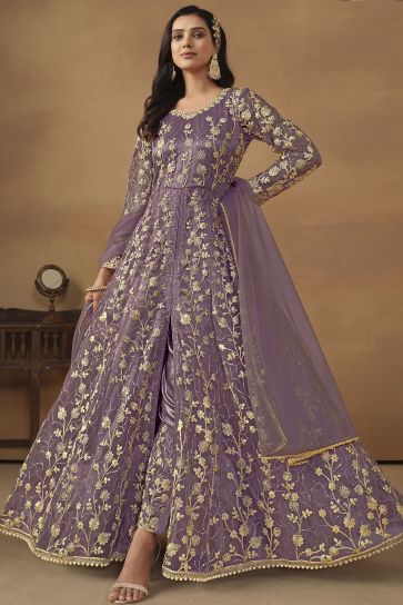 Net Fabric Function Wear Vintage Anarkali Suit In Lavender Color