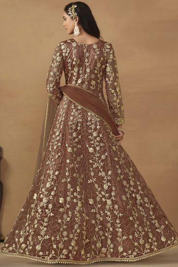 Brown Color Function Wear Net Fabric Charismatic Anarkali Suit