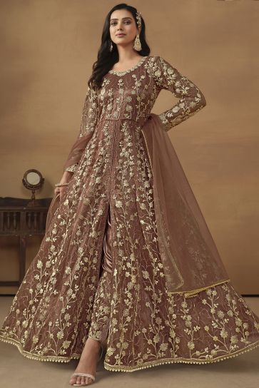 Brown Color Function Wear Net Fabric Charismatic Anarkali Suit