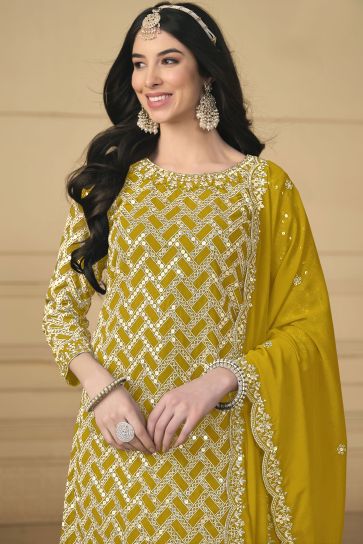 Classic Mustard Color Festival Wear Palazzo Suit In Georgette Fabric