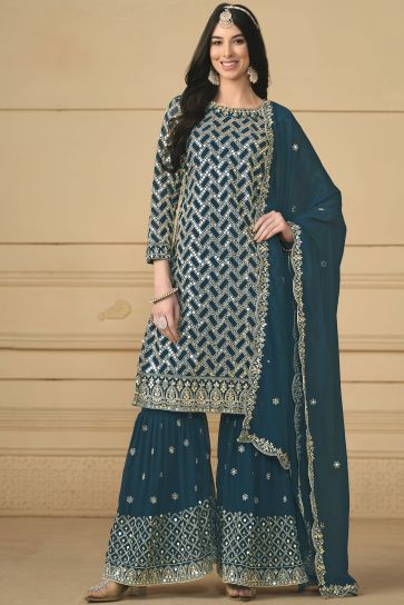 Creative Festival Wear Georgette Fabric Palazzo Suit In Teal Color