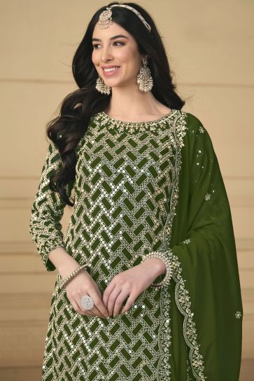 Tempting Georgette Fabric Green Color Festival Wear Palazzo Suit 