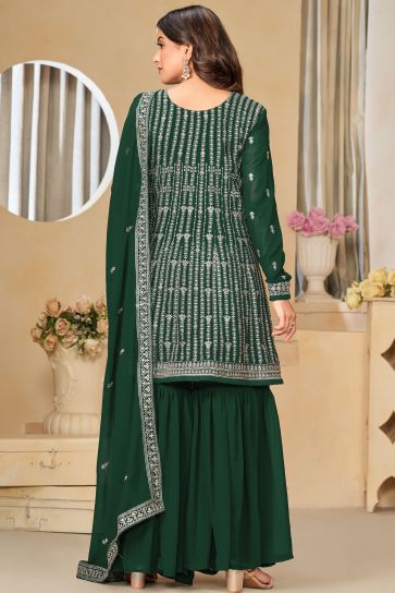 Embroidered Work Dark Green Color Georgette Fabric Beauteous Palazzo Suit