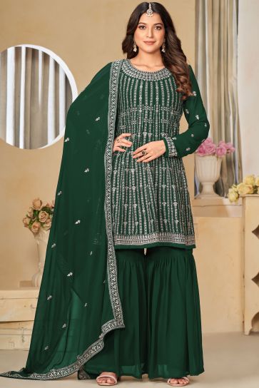 Embroidered Work Dark Green Color Georgette Fabric Beauteous Palazzo Suit
