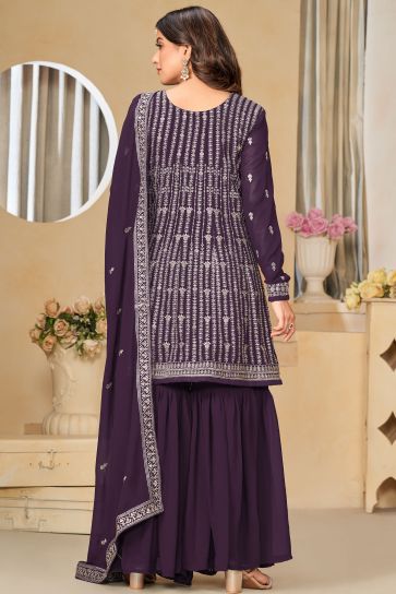 Sober Purple Color Georgette Fabric Palazzo Suit With Embroidered Work