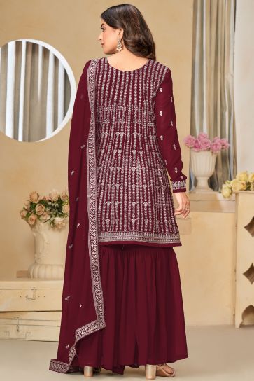 Amazing Maroon Color Georgette Fabric Palazzo Suit With Embroidered Work