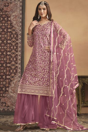 Festive Wear Pink Color Aristocratic Net Fabric Palazzo Suit