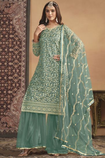 Imperial Sea Green Color Net Fabric Palazzo Suit In Festive Wear
