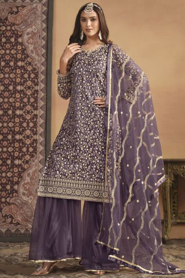 Festive Wear Flamboyant Net Fabric Palazzo Suit In Purple Color