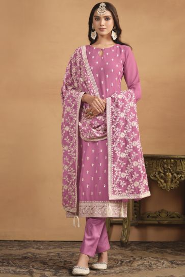 Excellent Georgette Fabric Pink Color Salwar Suit In Festival Wear