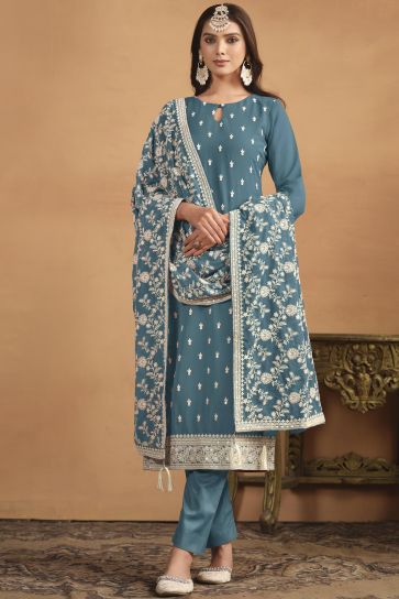 Beguiling Festival Wear Teal Color Georgette Fabric Salwar Suit