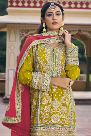 Yellow Color Chinon Fabric Embroidered Function Wear Readymade Designer Salwar Kameez