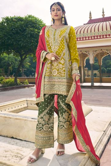 Yellow Color Chinon Fabric Embroidered Function Wear Readymade Designer Salwar Kameez