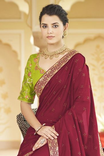 Border Work Flamboyant Fancy Fabric Saree In Red Color