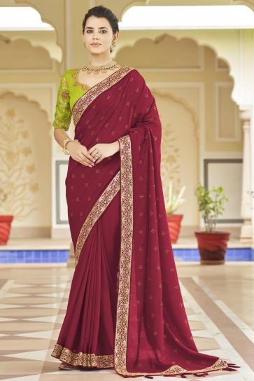 Border Work Flamboyant Fancy Fabric Saree In Red Color