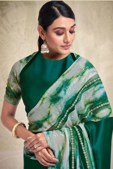 Glamorous Sequins Work Satin And Crepe Fabric Green Color Saree