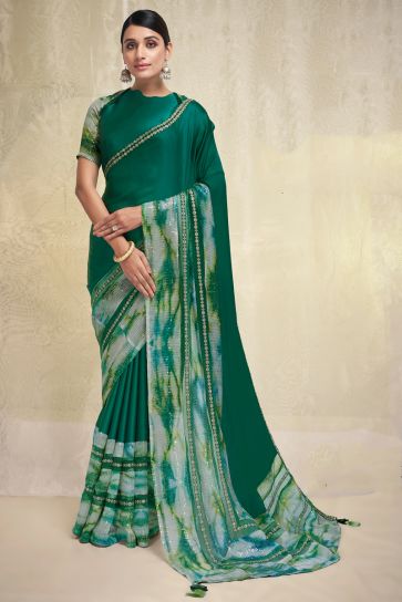 Glamorous Sequins Work Satin And Crepe Fabric Green Color Saree