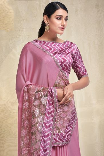 Charming Sequins Work Pink Color Crepe And Georgette Fabric Saree