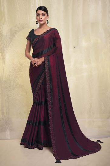 Maroon Color Engaging Border Work Georgette Fabric Saree