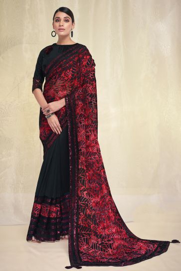 Red and Black Color Awesome Sequins Work Brasso And Crepe Fabric Saree