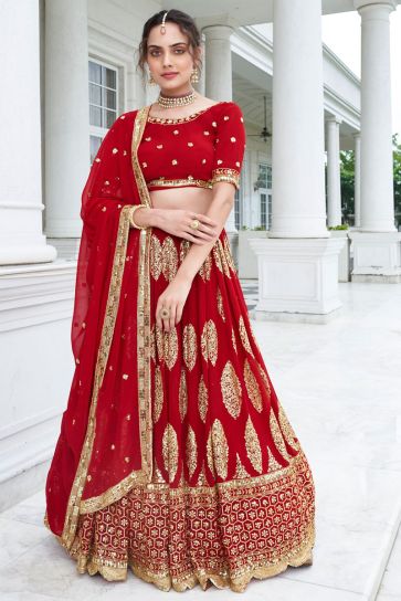 Himanshi Parashar Georgette Red Color Lehenga With Winsome Sequins Work