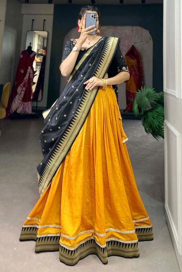 Art Silk Fabric Function Wear Magnificent Lehenga In Yellow Color With Weaving Work