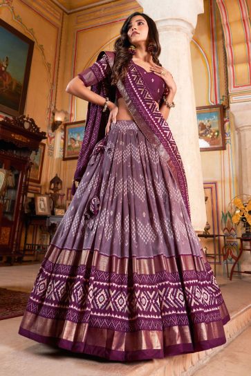 Purple Color Exquisite Foil Printed Work Lehenga In Art Silk Fabric