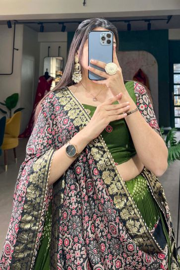 Green Color Festival Wear Captivating Readymade Lehenga In Art Silk Fabric