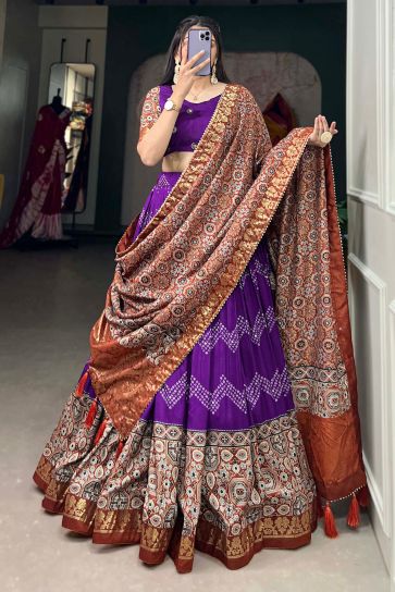 Art Silk Fabric Festival Wear Charismatic Readymade Lehenga In Purple Color