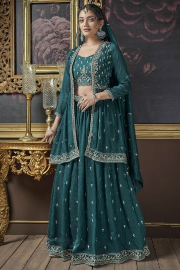 Art Silk Fabric Embroidered Magnificent Readymade Lehenga With Long koti In Teal Color 