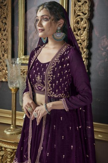 Art Silk Fabric Embroidered Glamorous Readymade Lehenga With Long koti In Purple Color