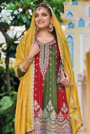 Excellent Art Silk Fabric Mehendi Green Color Readymade Salwar Suit
