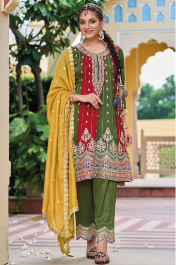 Excellent Art Silk Fabric Mehendi Green Color Readymade Salwar Suit