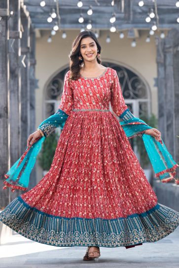 Stylish Printed Georgette Orange Color Readymade Gown With Dupatta For Function