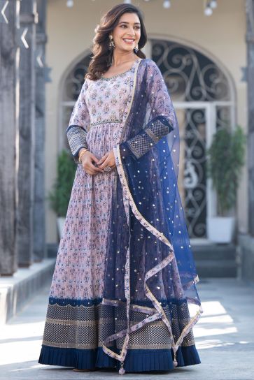 Contemporary Grey Color Georgette Readymade Gown With Dupatta